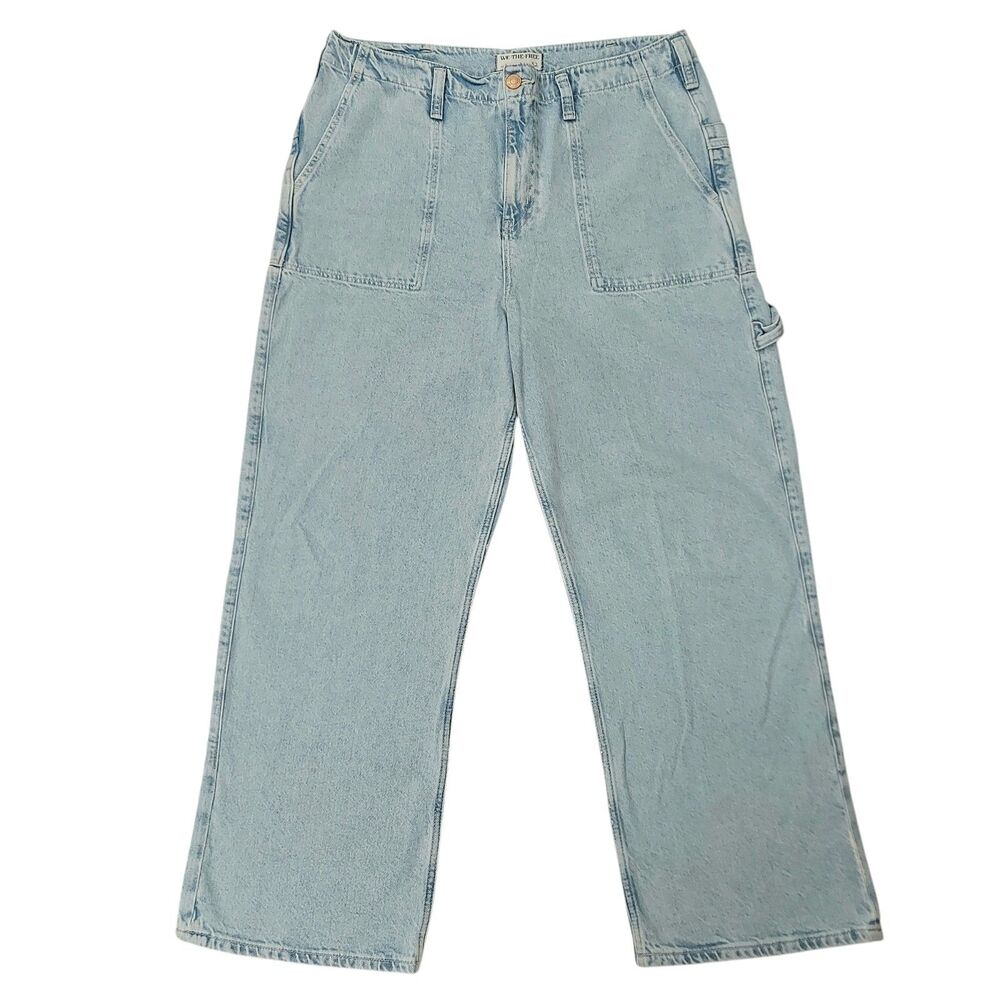 We The Free Jeans Womens 32 Blue Wide Leg Slouchy Baggy Cuffed Premium Denim